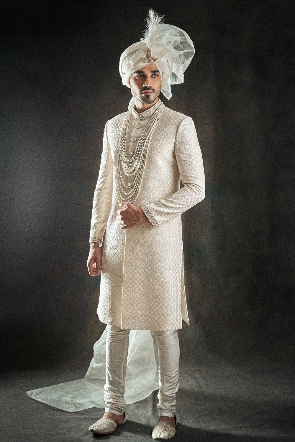 Self Weaved Off White Embroidered Sherwani - sherwnai for groom