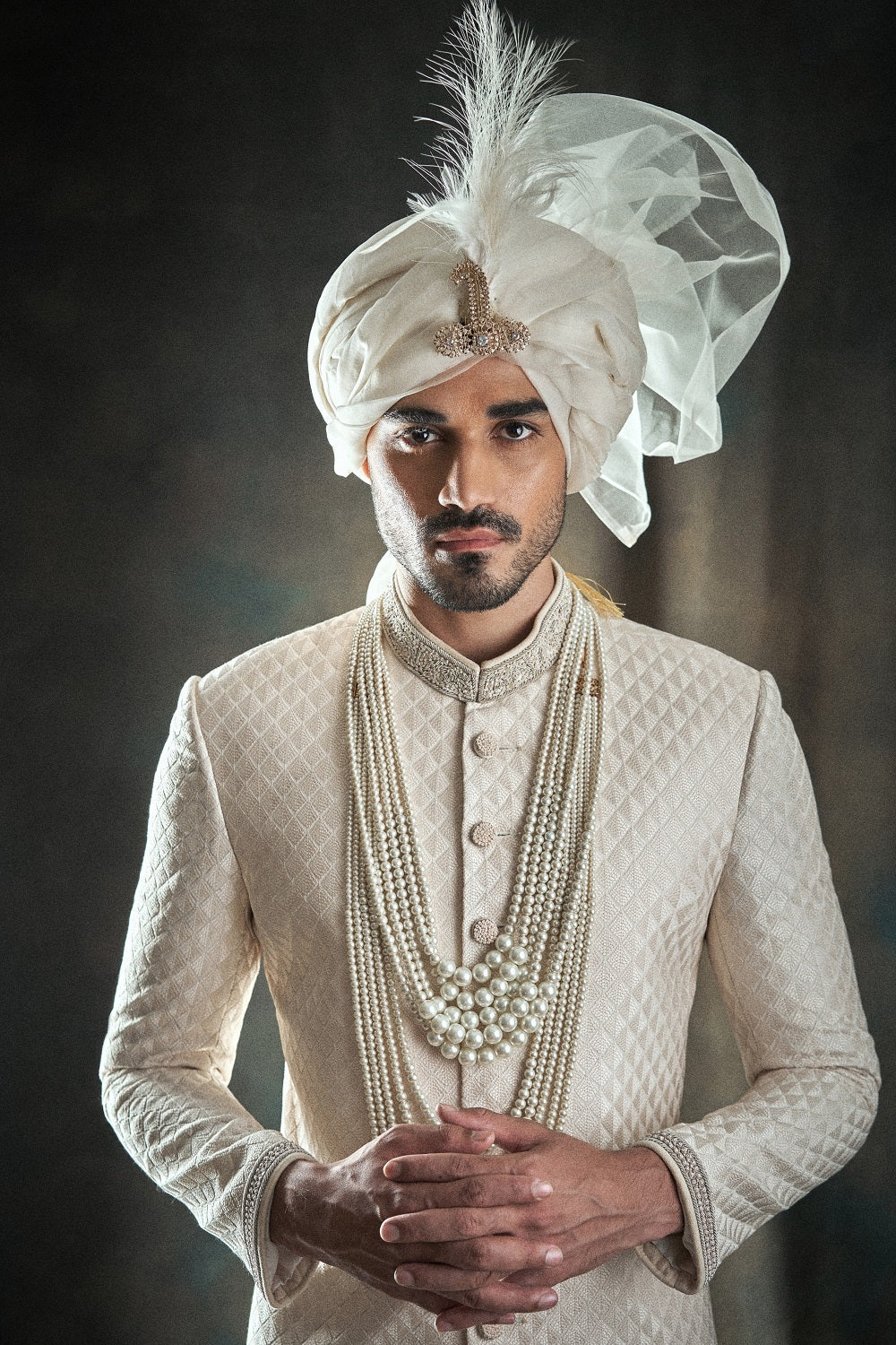 Self Weaved Off White Embroidered Sherwani - sherwnai for groom