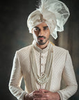 Self Weaved Off White Embroidered Sherwani - sherwnai for groom