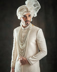 Self Weaved Off White Embroidered Sherwani - sherwnai for groom