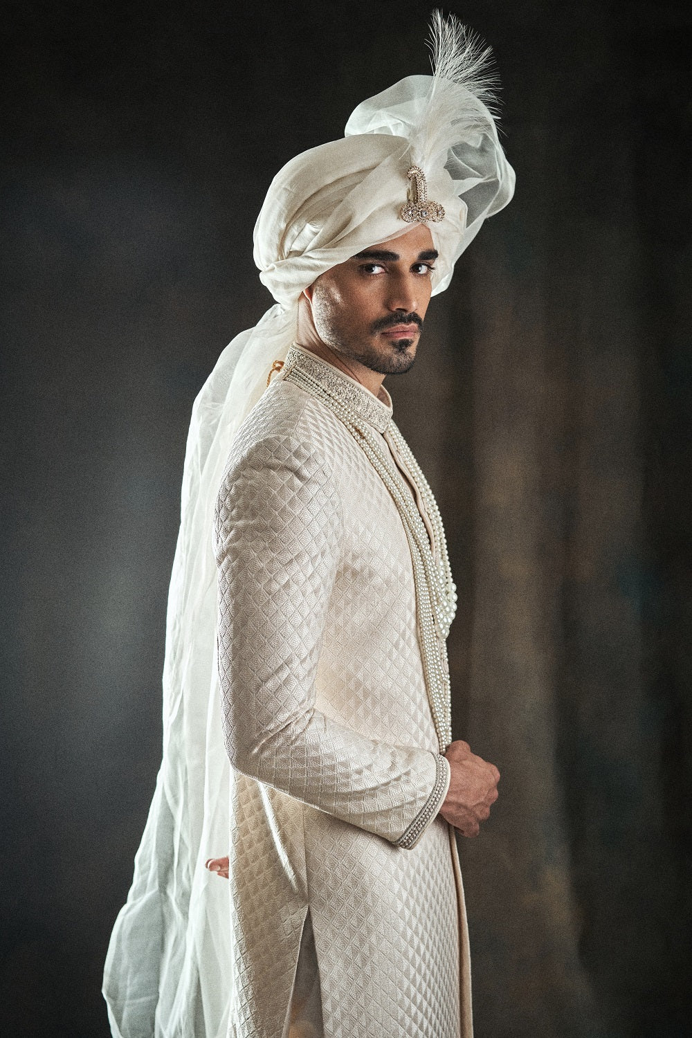 Self Weaved Off White Embroidered Sherwani - sherwnai for groom