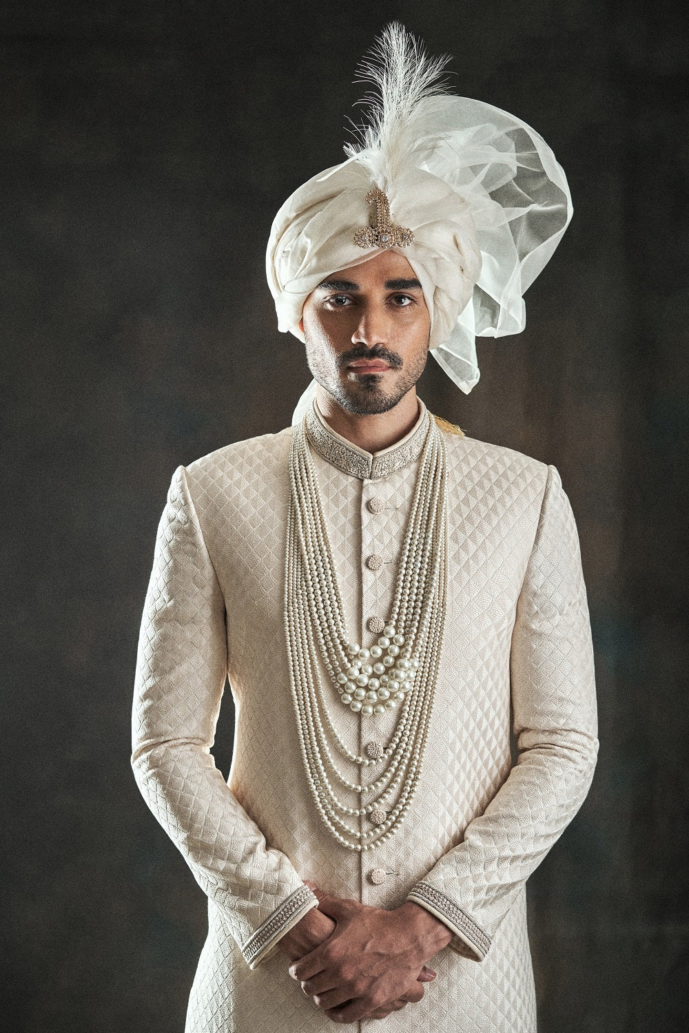 Self Weaved Off White Embroidered Sherwani - sherwnai for groom