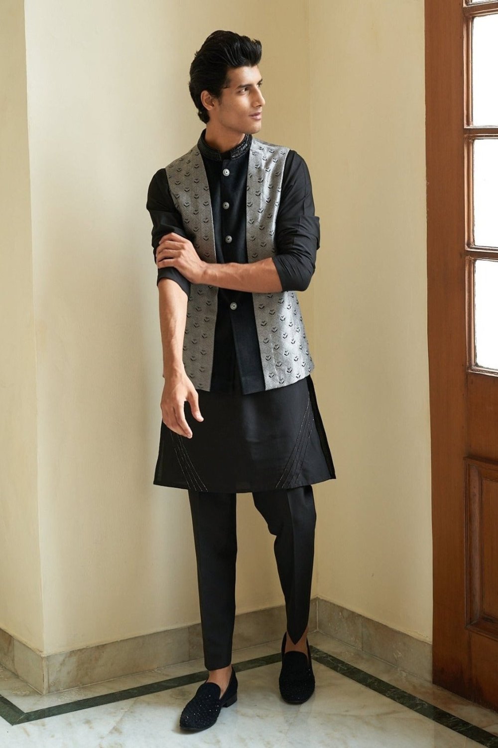 Sheen Black Nehru Jacket Set - indian dress for men