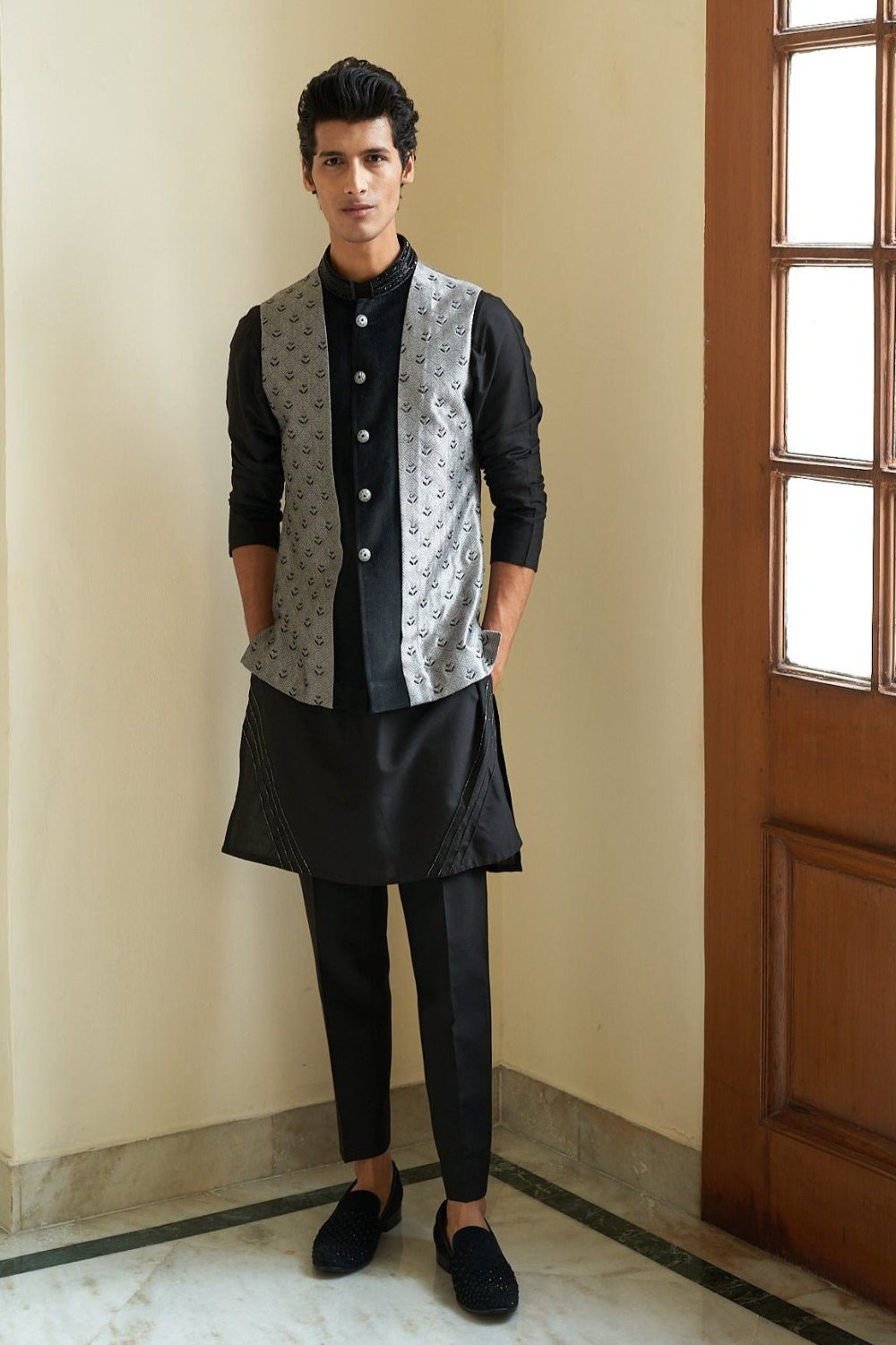 Sheen Black Nehru Jacket Set - indian dress for men