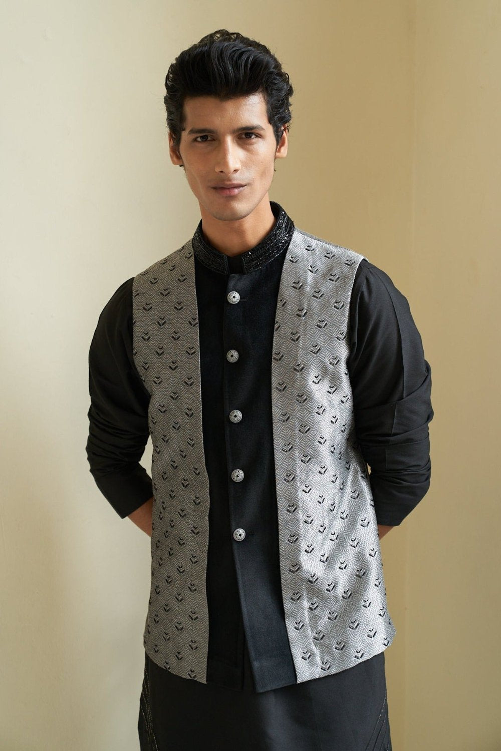 Sheen Black Nehru Jacket Set - indian dress for men