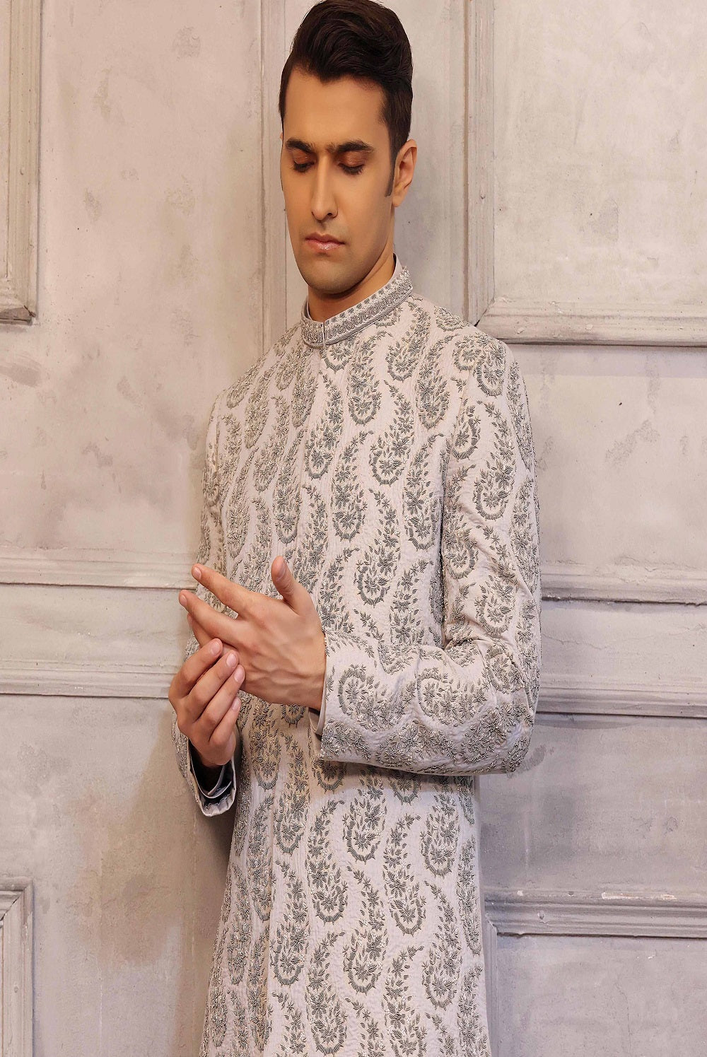 Silver Color Prince Coat With Matching Raw Silk Suit - prince coat