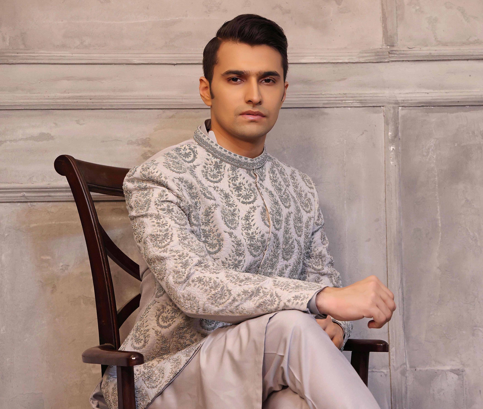 Silver Color Prince Coat With Matching Raw Silk Suit - prince coat