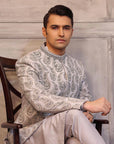 Silver Color Prince Coat With Matching Raw Silk Suit - prince coat