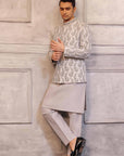 Silver Color Prince Coat With Matching Raw Silk Suit - prince coat