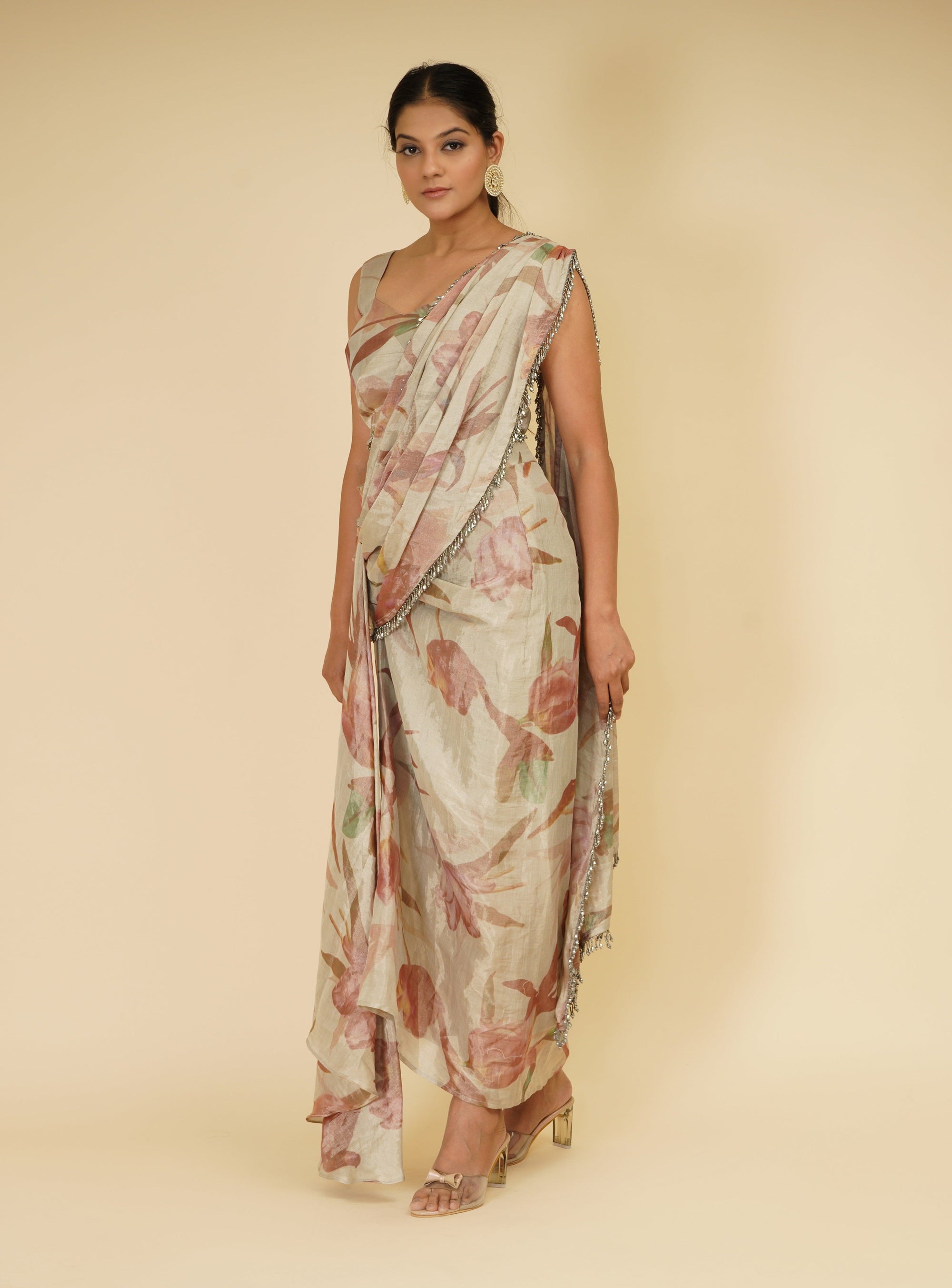 Silver Floral Drape Saree - sari indian clothing