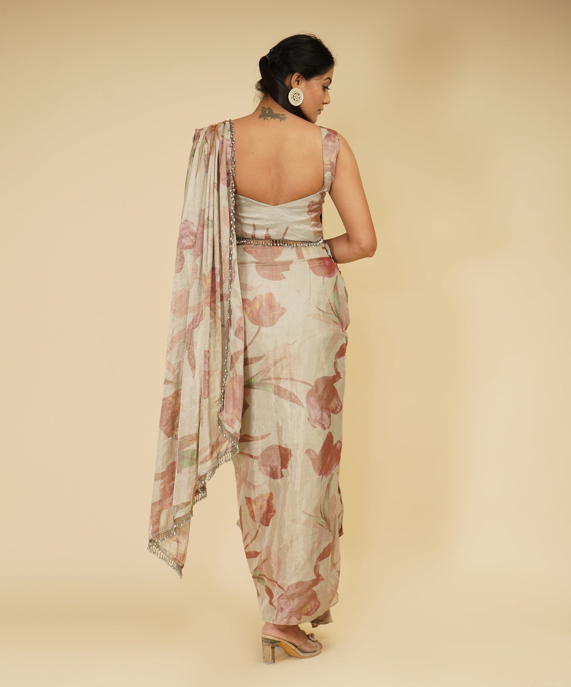 Silver Floral Drape Saree - sari indian clothing