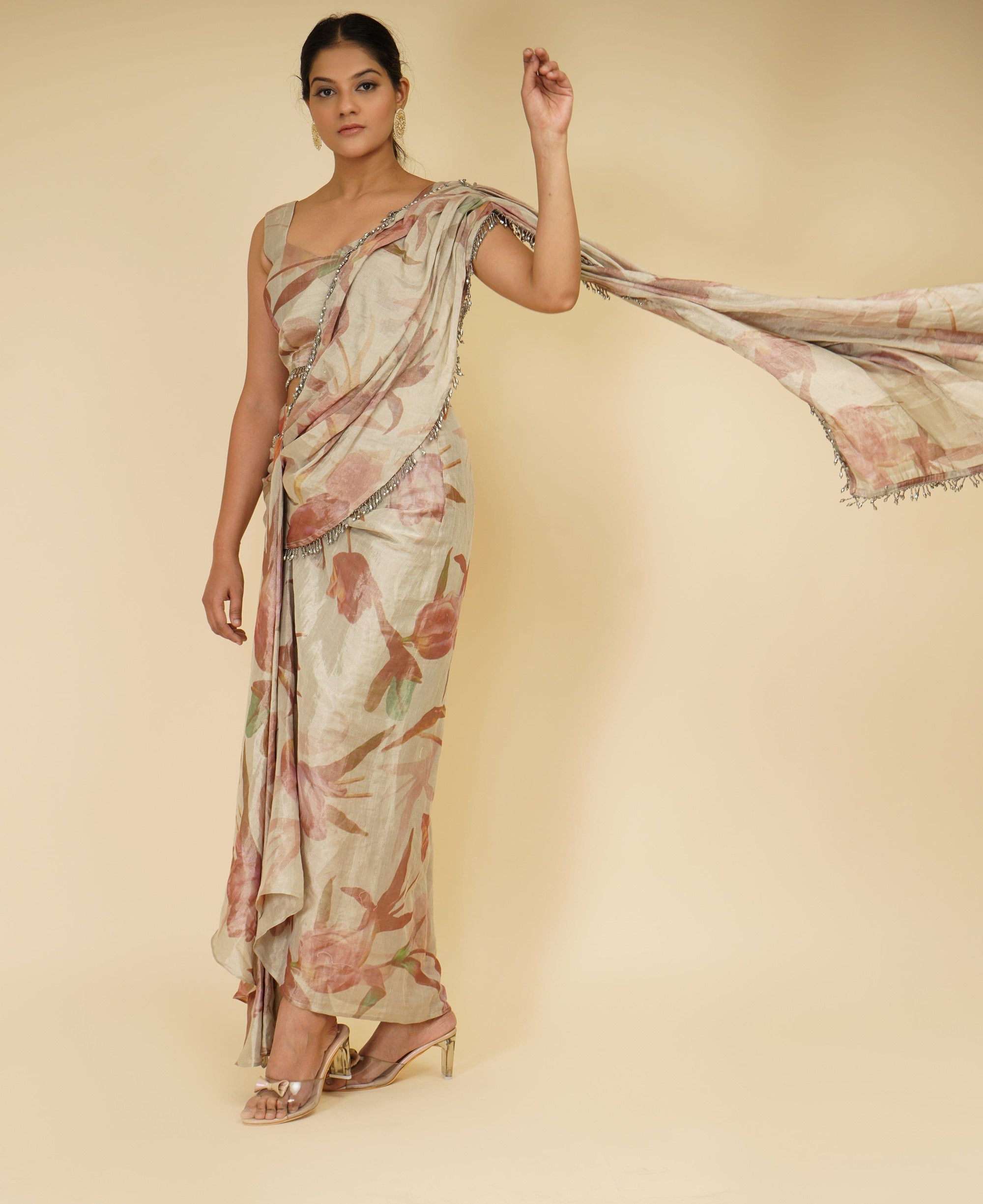 Silver Floral Drape Saree - sari indian clothing