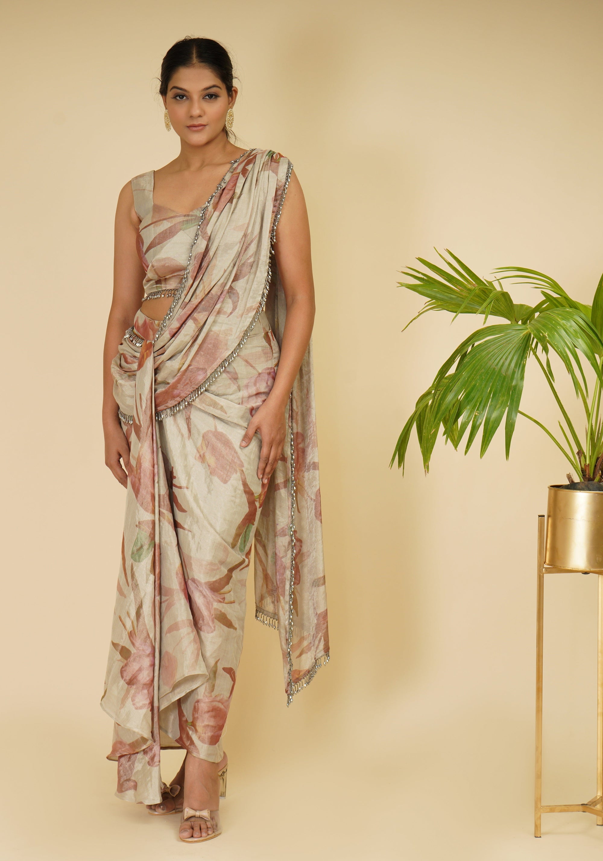 Silver Floral Drape Saree - sari indian clothing