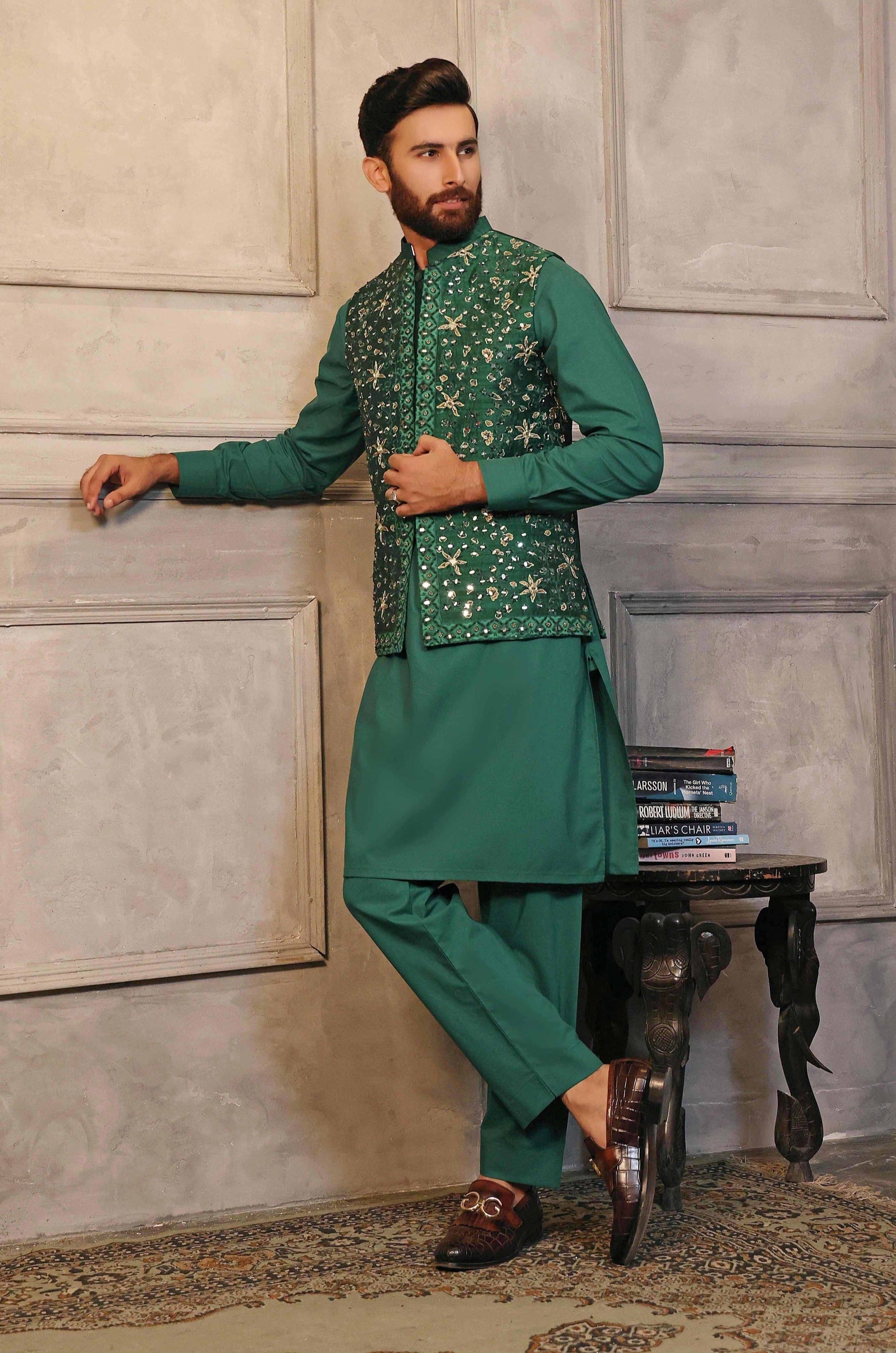 Silver Golden Embroidered Green Waistcoat With Matching Raw Silk Suit - indian suit for men