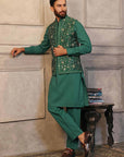 Silver Golden Embroidered Green Waistcoat With Matching Raw Silk Suit - indian suit for men