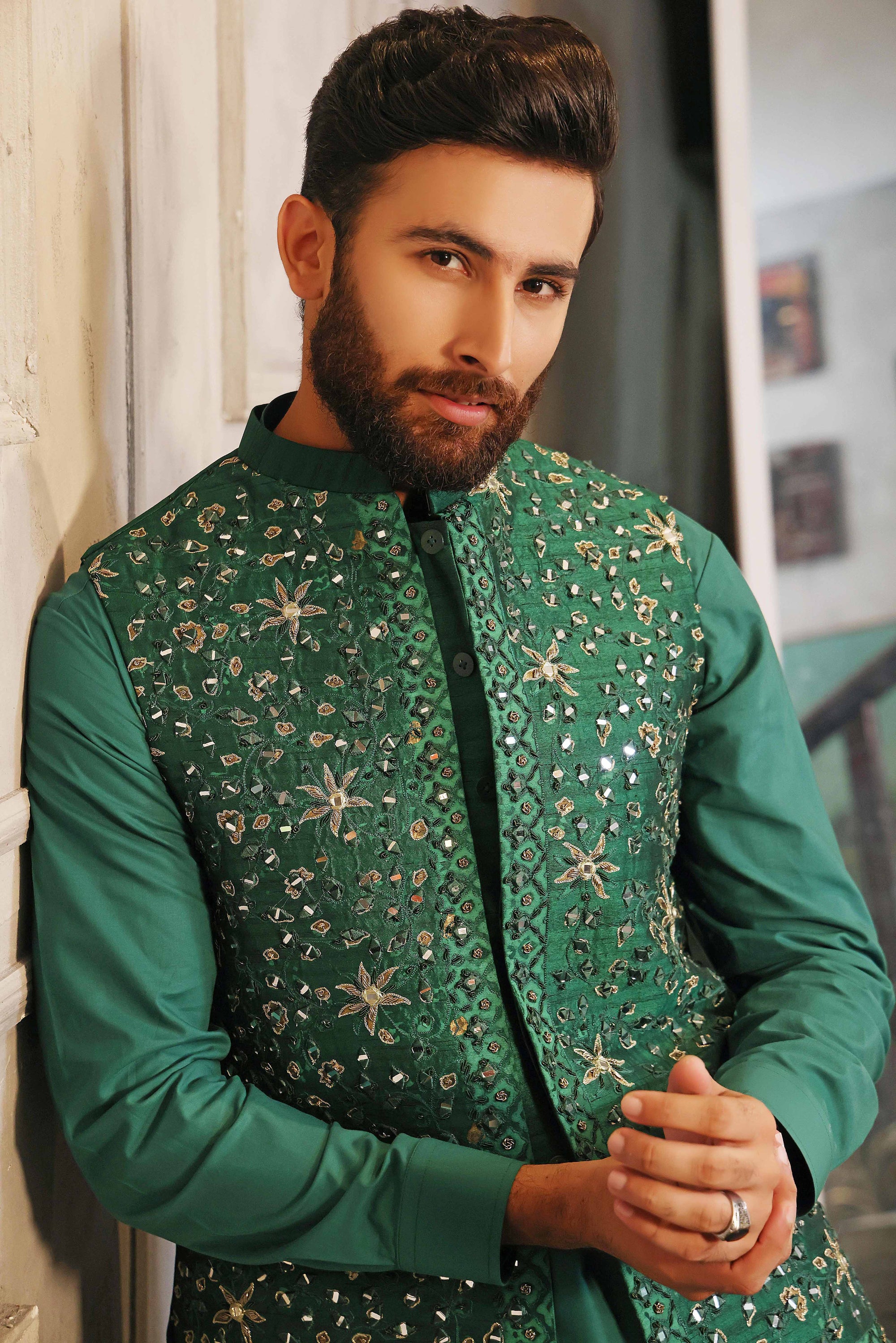 Silver Golden Embroidered Green Waistcoat With Matching Raw Silk Suit - indian suit for men
