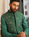 Silver Golden Embroidered Green Waistcoat With Matching Raw Silk Suit - indian suit for men
