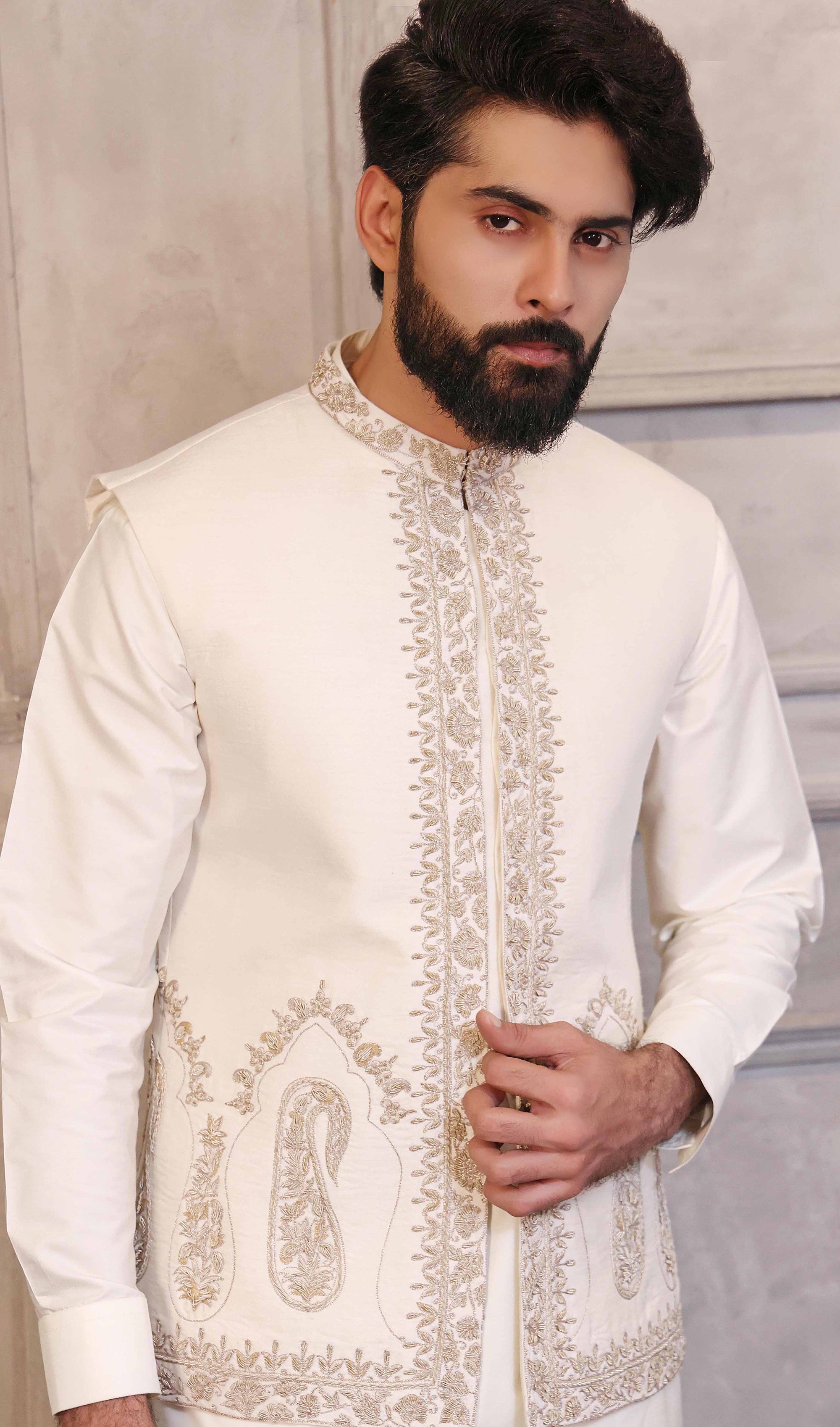 Silver Kaju Shaped Design Waistcoat With Matching Raw Silk Suit - indian dress for men