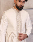 Silver Kaju Shaped Design Waistcoat With Matching Raw Silk Suit - indian dress for men