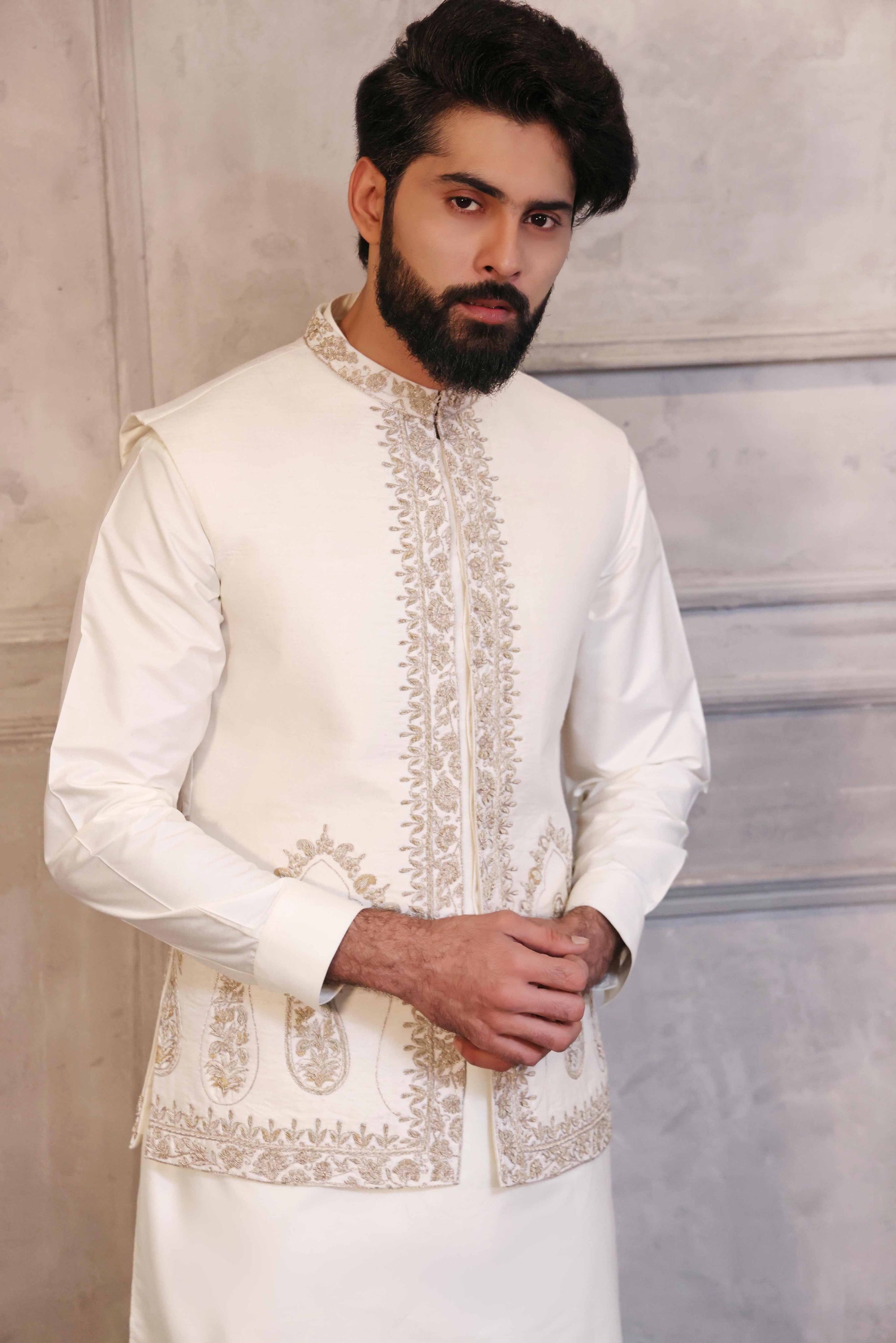 Silver Kaju Shaped Design Waistcoat With Matching Raw Silk Suit - indian dress for men