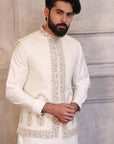 Silver Kaju Shaped Design Waistcoat With Matching Raw Silk Suit - indian dress for men
