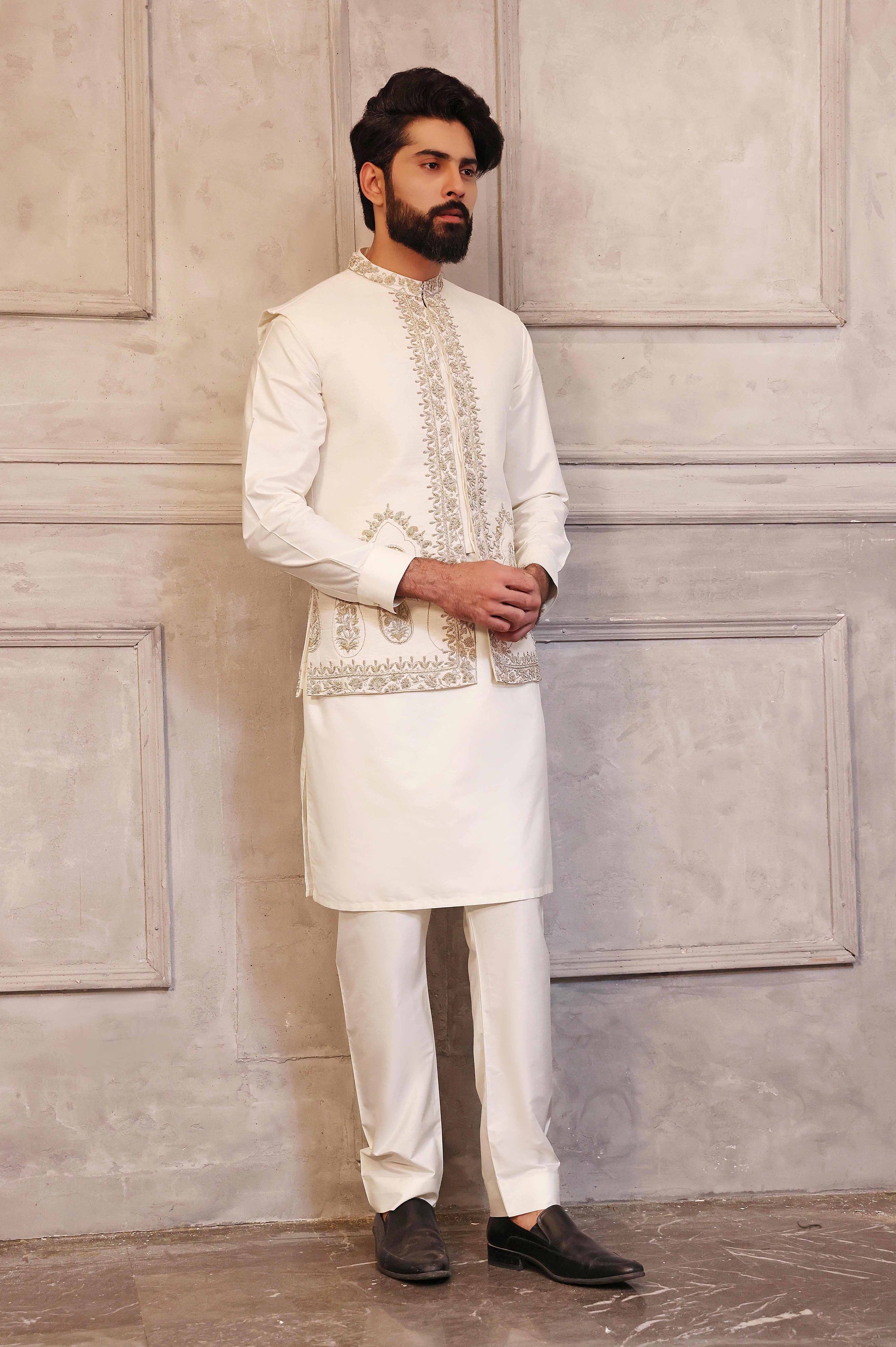Silver Kaju Shaped Design Waistcoat With Matching Raw Silk Suit - indian dress for men