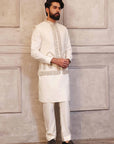 Silver Kaju Shaped Design Waistcoat With Matching Raw Silk Suit - indian dress for men