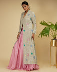 Silver Pink Long Jacket With Skirt - indian dress with jacket