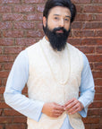 Sky Blue Kurta And Pant Set With Yellow Vest - indian dress for men