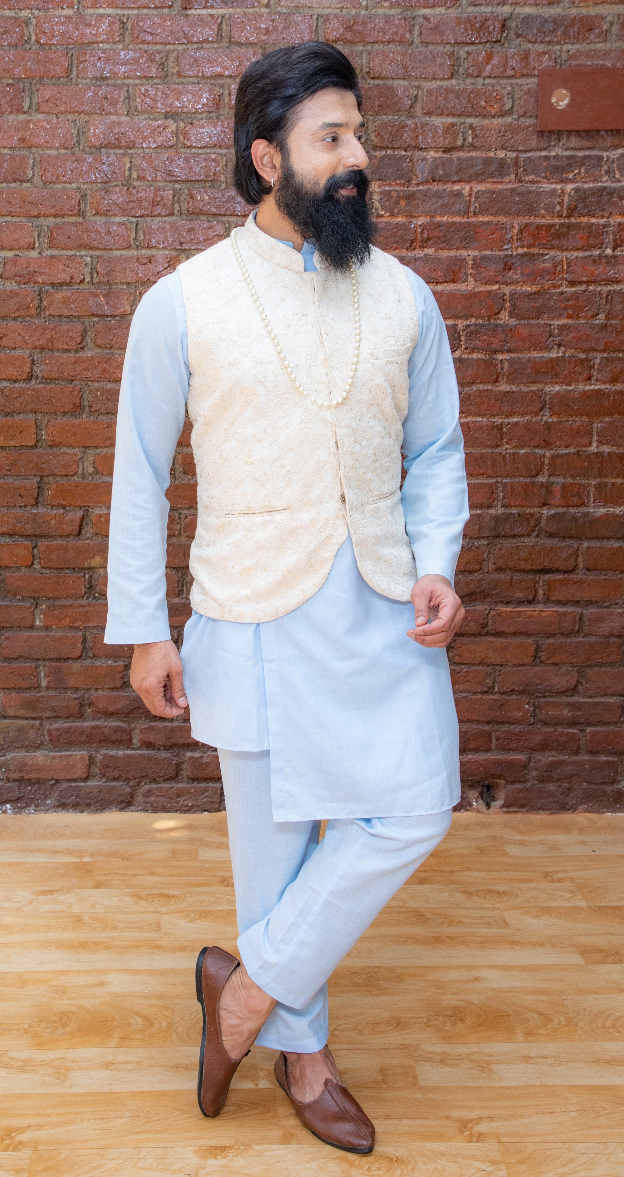 Sky Blue Kurta And Pant Set With Yellow Vest - indian dress for men
