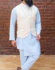 Sky Blue Kurta And Pant Set With Yellow Vest - indian dress for men