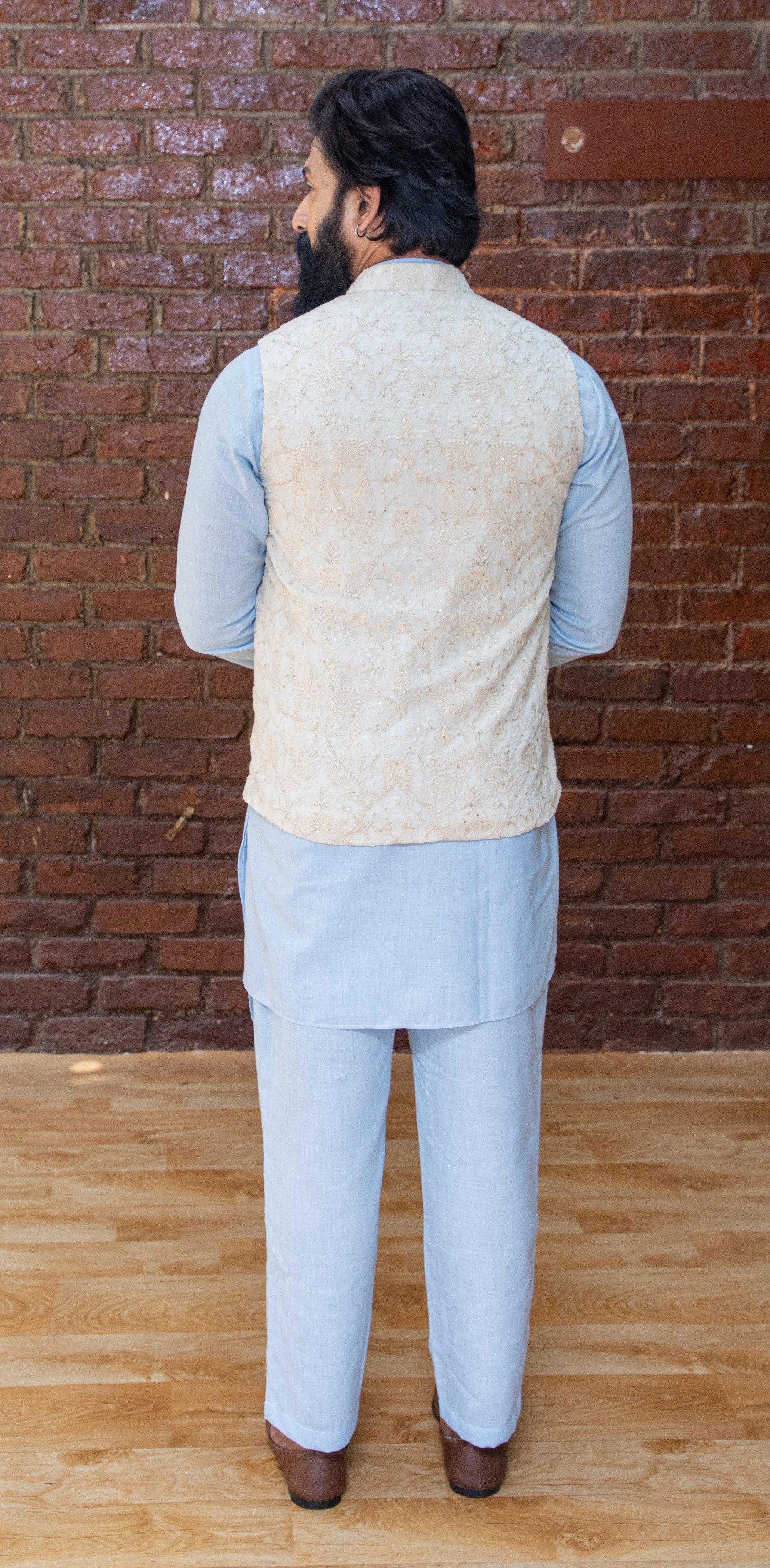 Sky Blue Kurta And Pant Set With Yellow Vest - indian dress for men