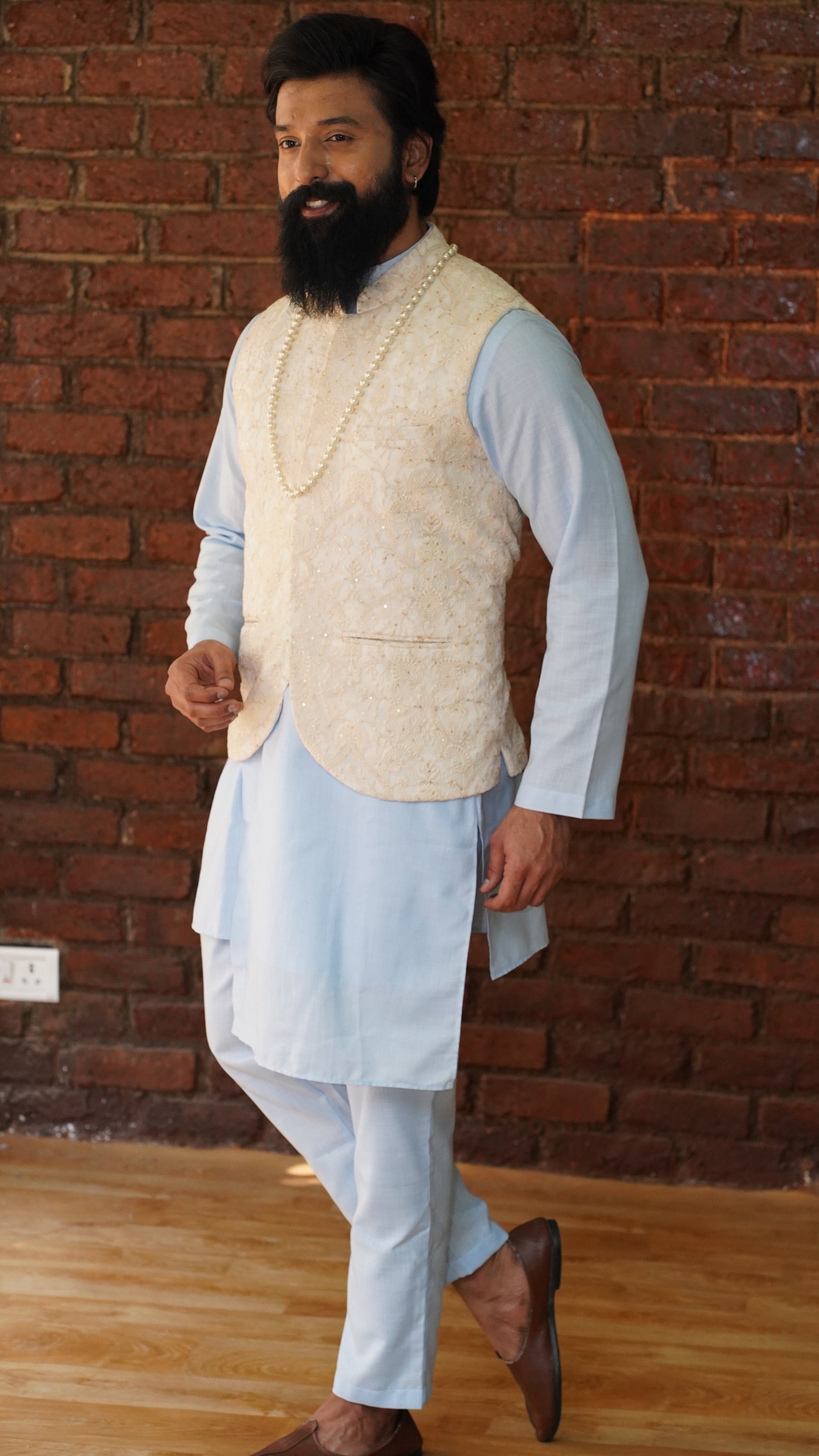 Sky Blue Kurta And Pant Set With Yellow Vest - indian dress for men