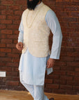 Sky Blue Kurta And Pant Set With Yellow Vest - indian dress for men