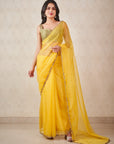 Sunshine Yellow Organza Saree with Sage Green Blouse - sari indian clothing