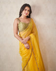 Sunshine Yellow Organza Saree with Sage Green Blouse - sari indian clothing