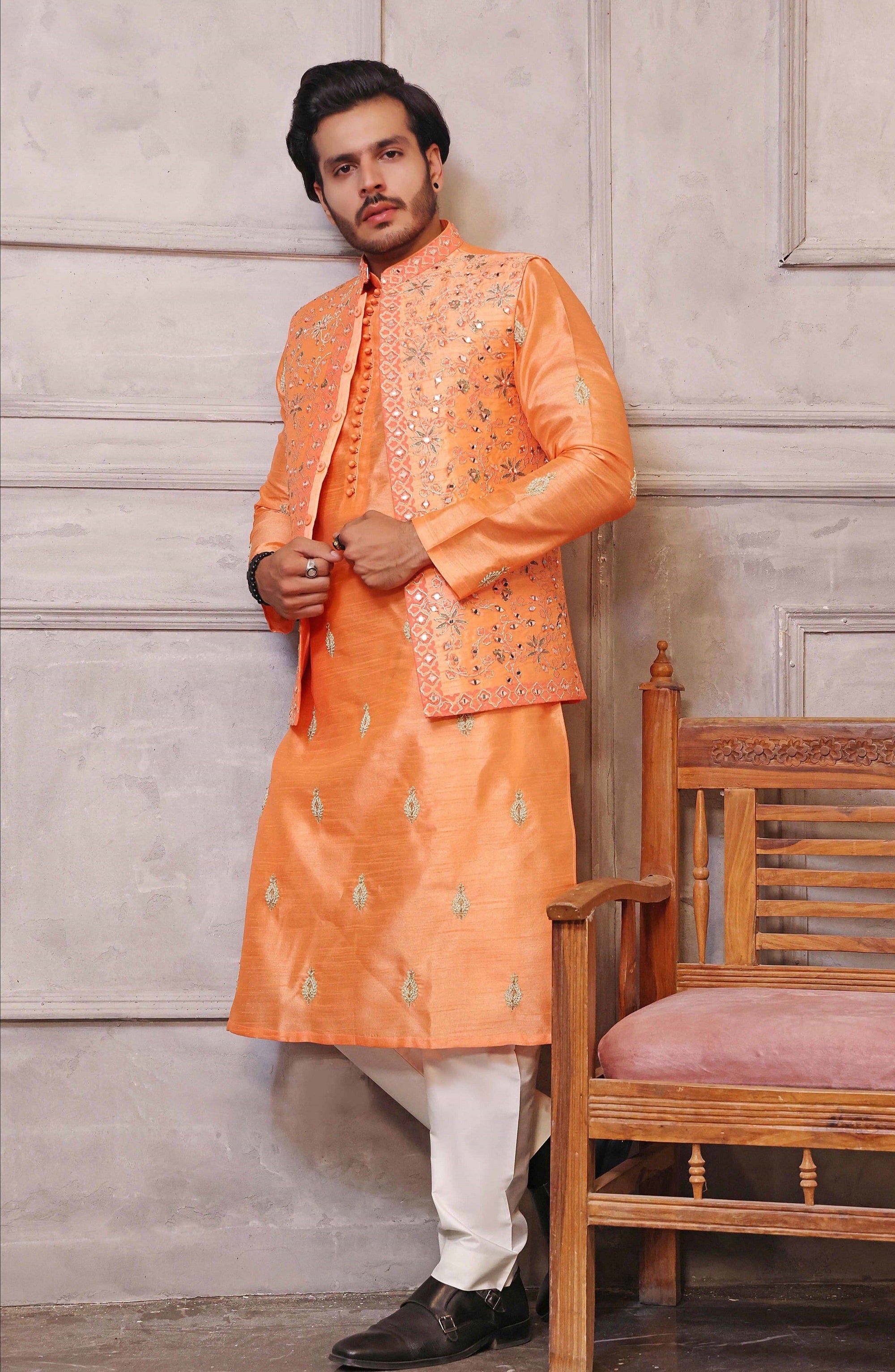 Tangerine Colored Waistcoat With Matching Raw Silk Suit - indian attire for men
