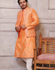 Tangerine Colored Waistcoat With Matching Raw Silk Suit - indian attire for men