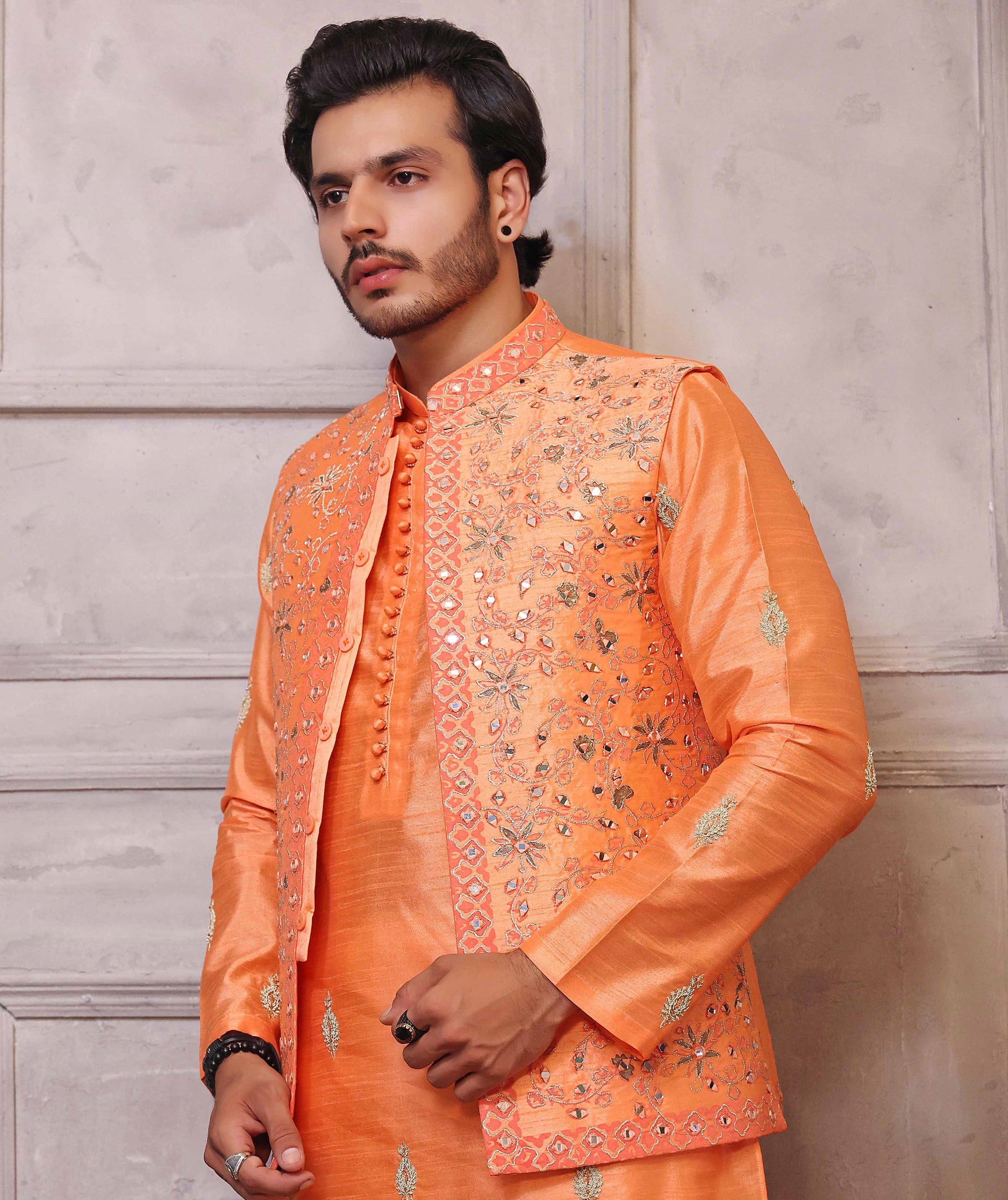Tangerine Colored Waistcoat With Matching Raw Silk Suit - indian attire for men