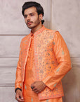 Tangerine Colored Waistcoat With Matching Raw Silk Suit - indian attire for men