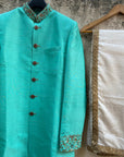 Teal Green Raw Silk Sherwani - green sherwani