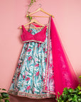 Tropical Print Mirror Lehenga Skirt With Sequin Hot Pink Blouse - mirror work lehenga
