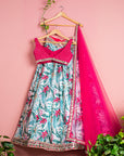 Tropical Print Mirror Lehenga Skirt With Sequin Hot Pink Blouse - mirror work lehenga