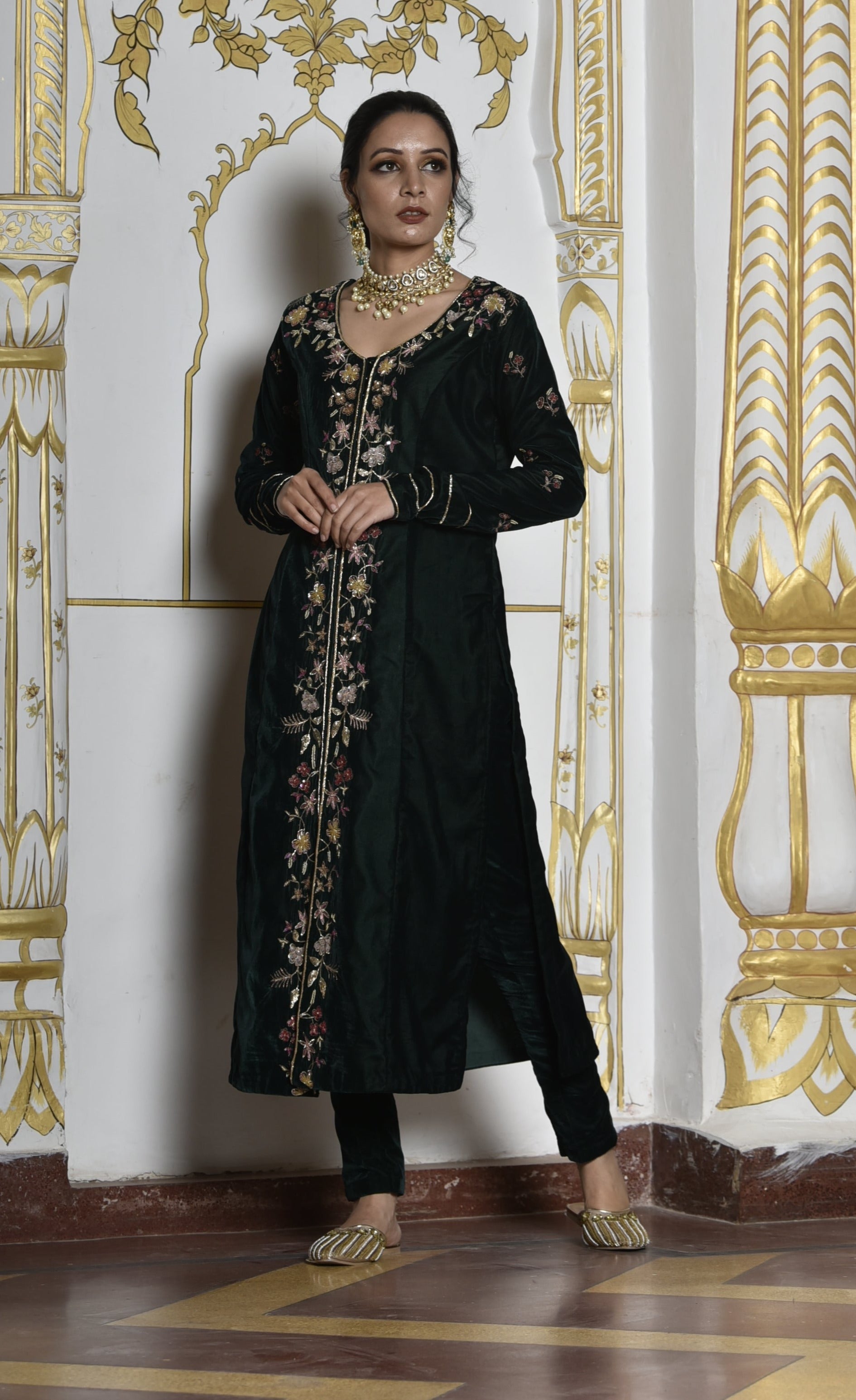 Velvet Deep Green Sherwani Set - sherwani for women
