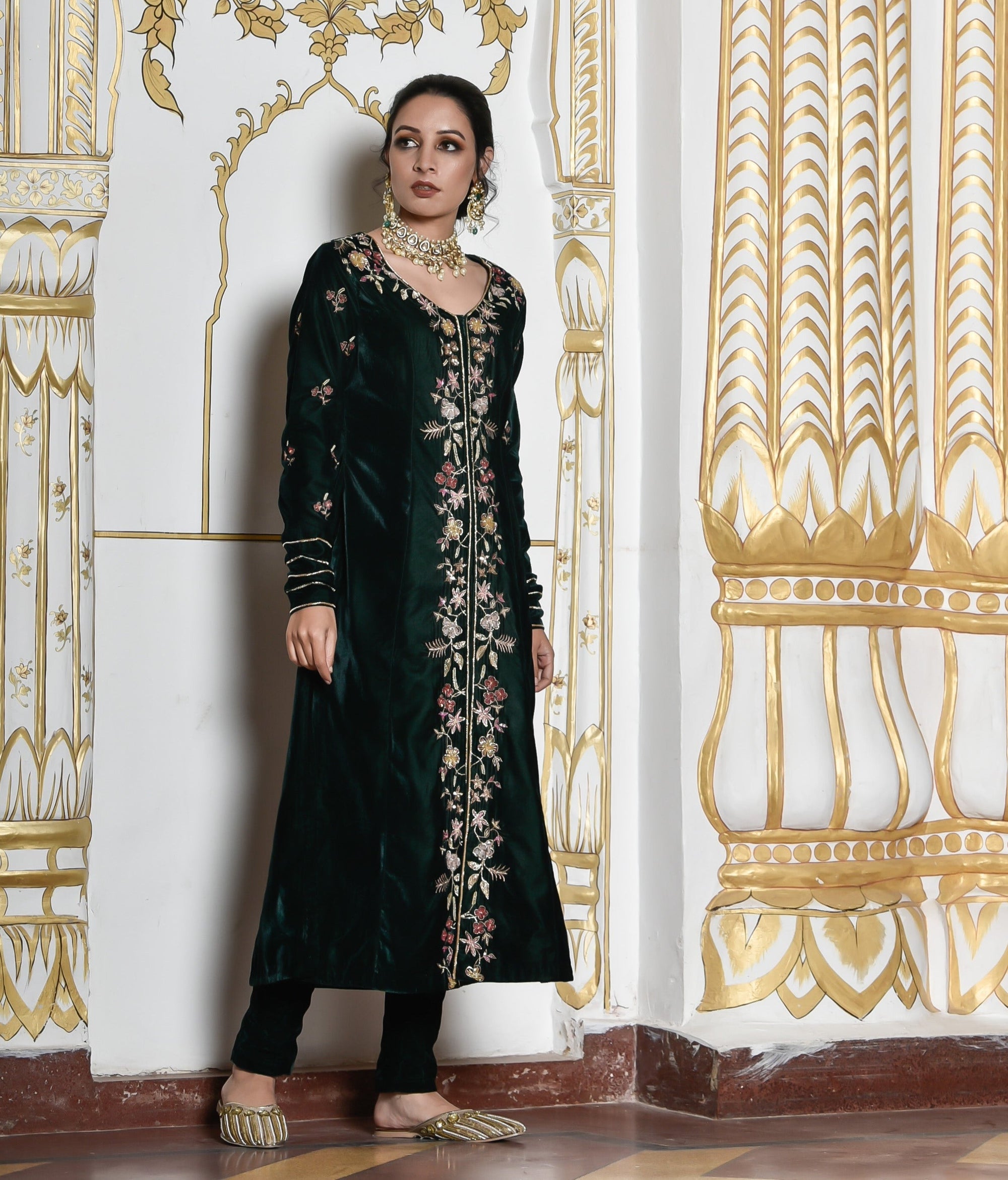 Velvet Deep Green Sherwani Set - sherwani for women
