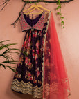 Violet Floral Lehenga With Mirrorwork Blouse Bright Pink Dupatta - floral lehenga
