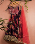 Violet Floral Lehenga With Mirrorwork Blouse Bright Pink Dupatta - floral lehenga