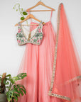 Watermelon Pink Organza Lehenga With Tropical Embroidered Blouse Dupatta - pink lehenga