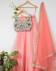 Watermelon Pink Organza Lehenga With Tropical Embroidered Blouse Dupatta - pink lehenga