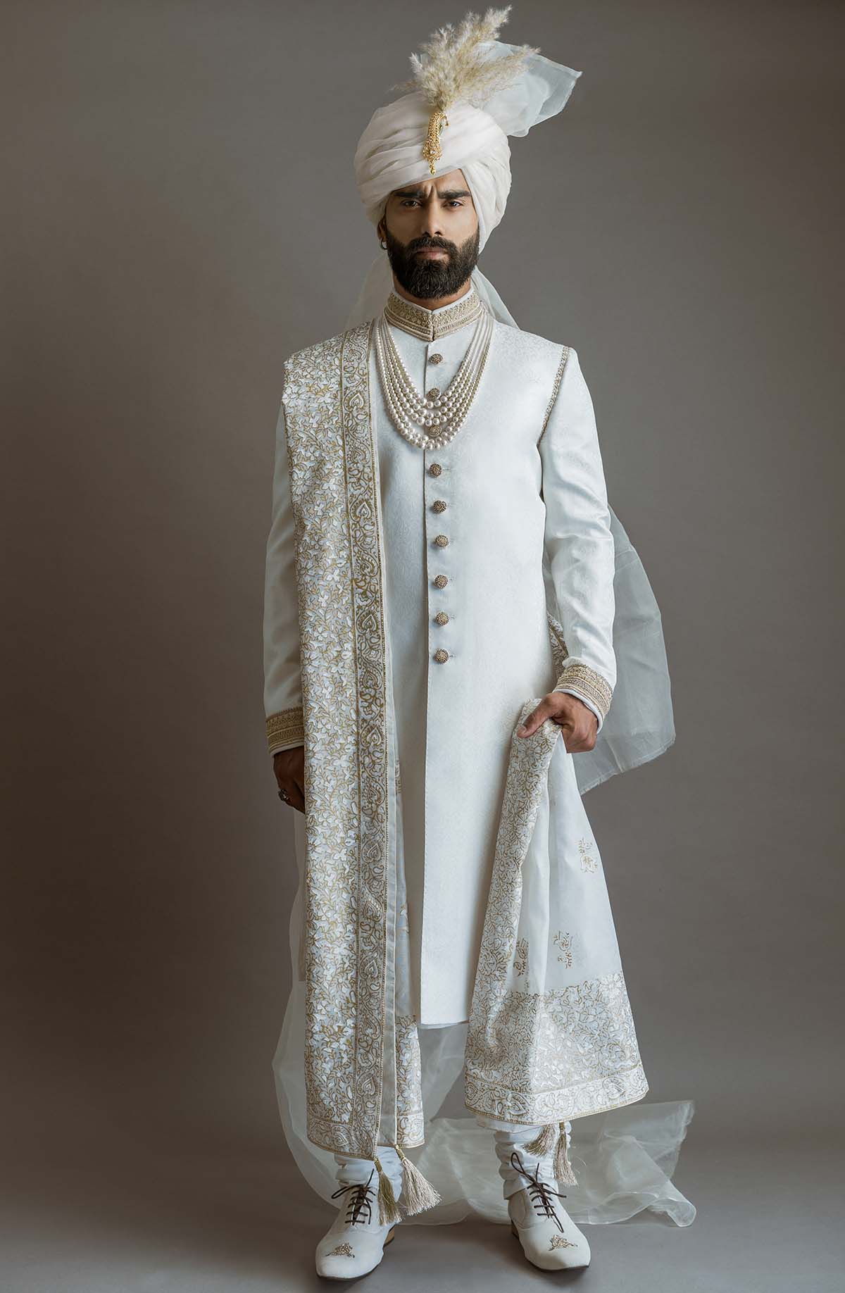 White Embroidered Jamawar Sherwani - royal sherwani for groom